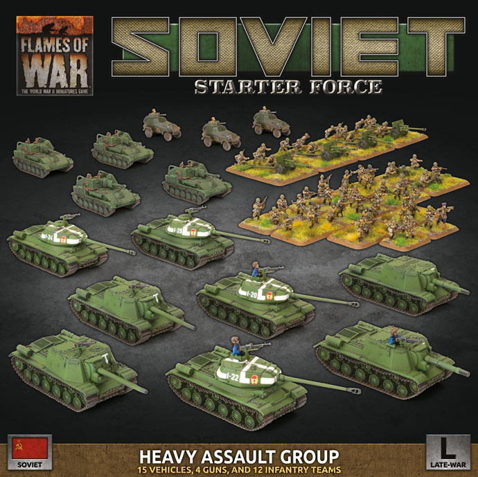 The cover art of the Soviet Heavy Assault Group starter box. It includes four IS-2s, four ISU-122 or ISU-152s, four SU-76s, three BA-64 armored cars, four 57mm or 76mm guns, and a small company of infantry.
