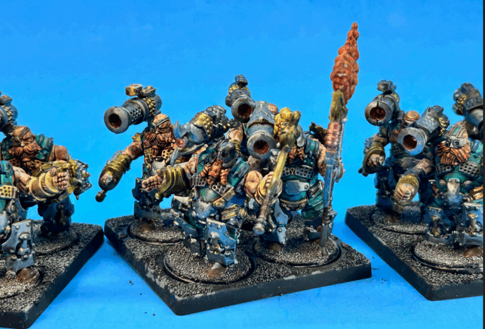 Close up of Dweghom models with flame cannons